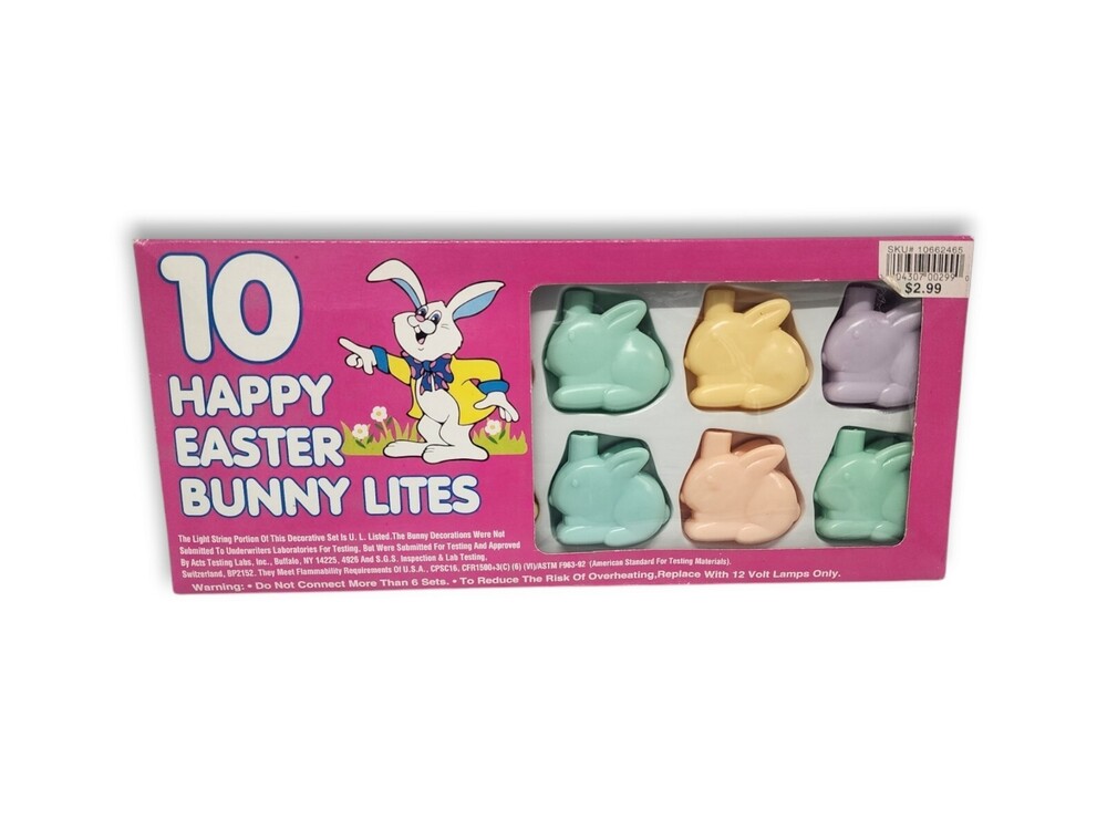 New Vintage Happy Easter Bunny Lites 10 Light String Pastel Rabbits